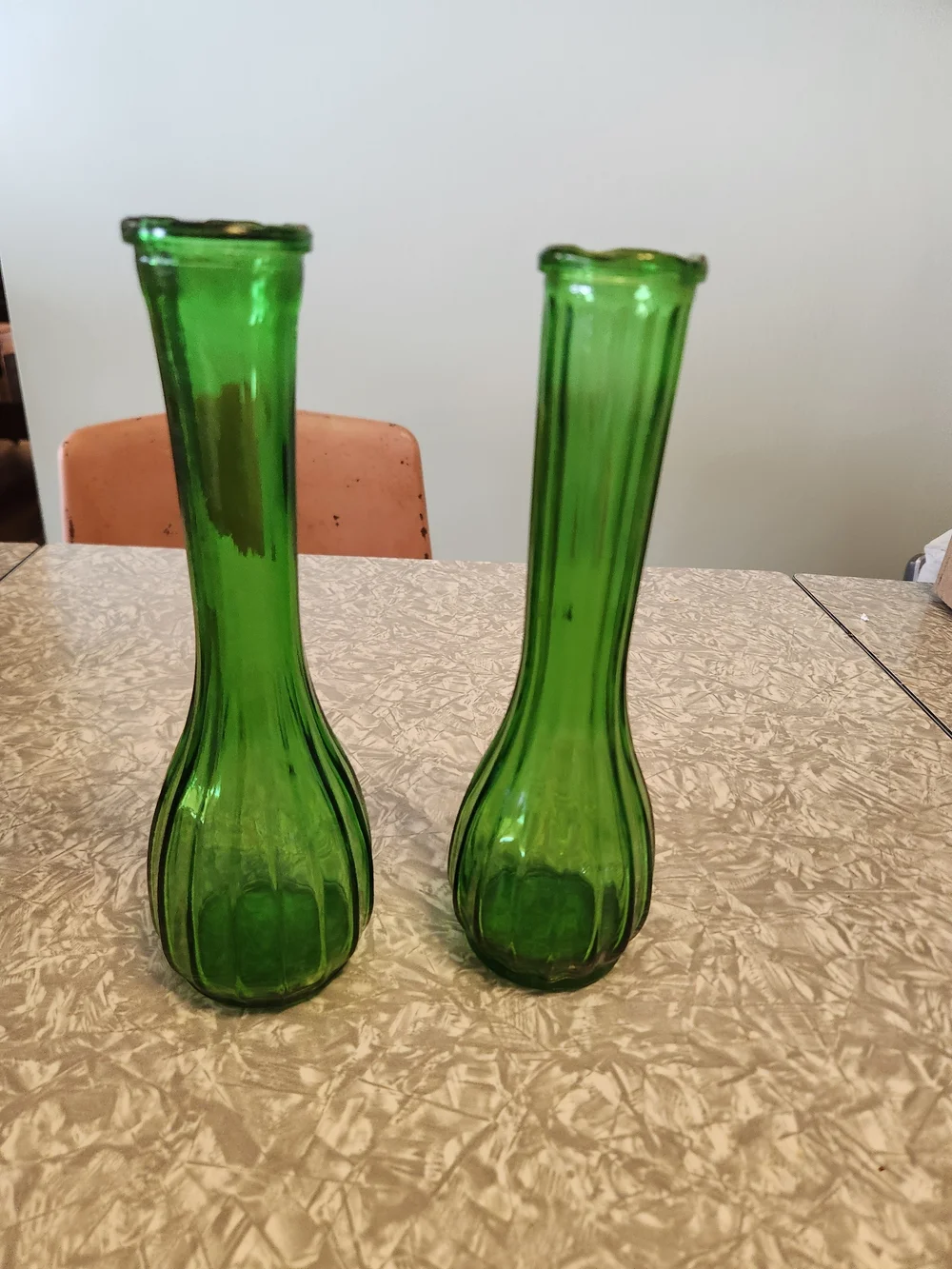 Source Unknown Emerald Green Ribbed Glass Bud Vases - Pair